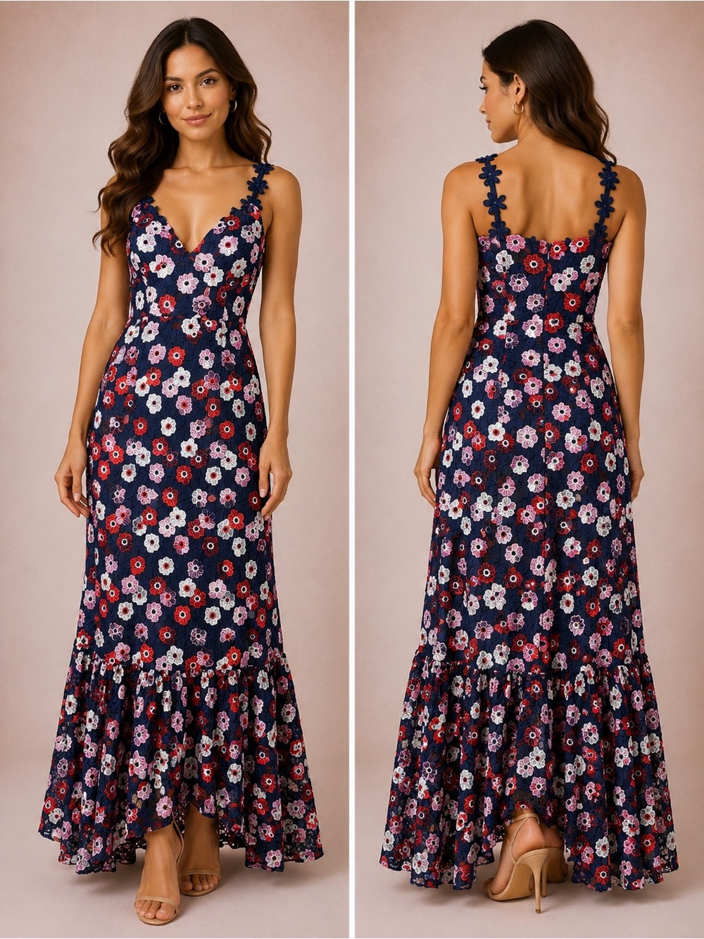 Monique Lhuillier Navy Floral Maxi Dress with Pink and Red Blooms